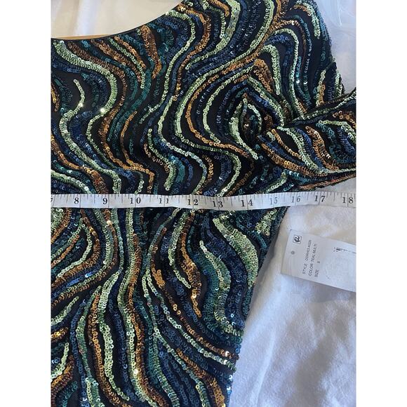 DRESS THE POPULATION Nathalia Long Sleeve Mini Sequin Swirl Retro Dress S NWT - Picture 6 of 9